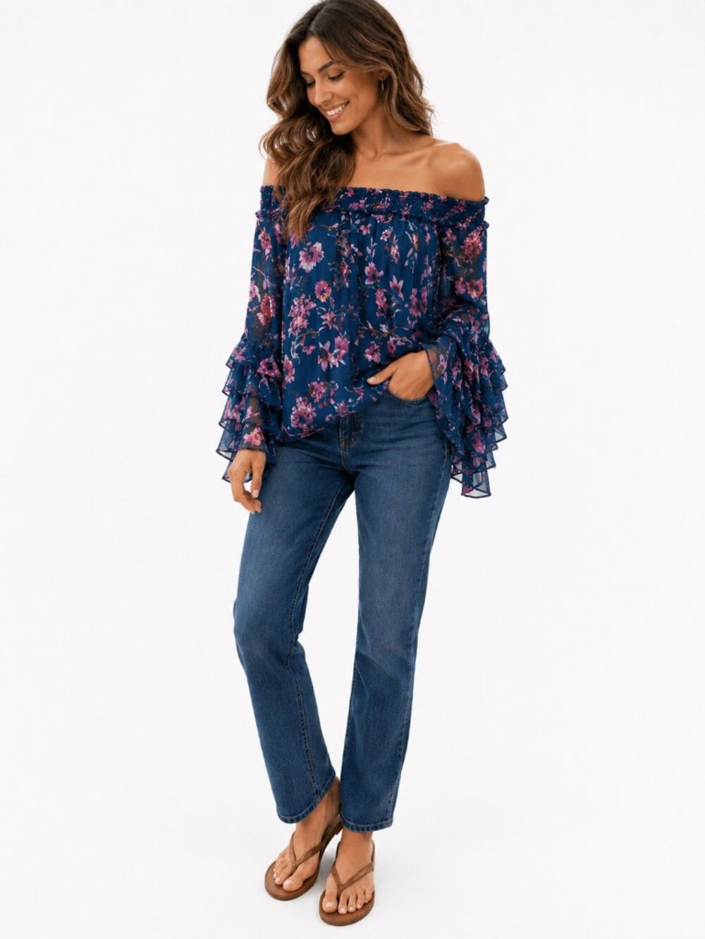 CeCe Off-The-Shoulder Blouse Long Sleeve Ruffle Blue Top Size Small